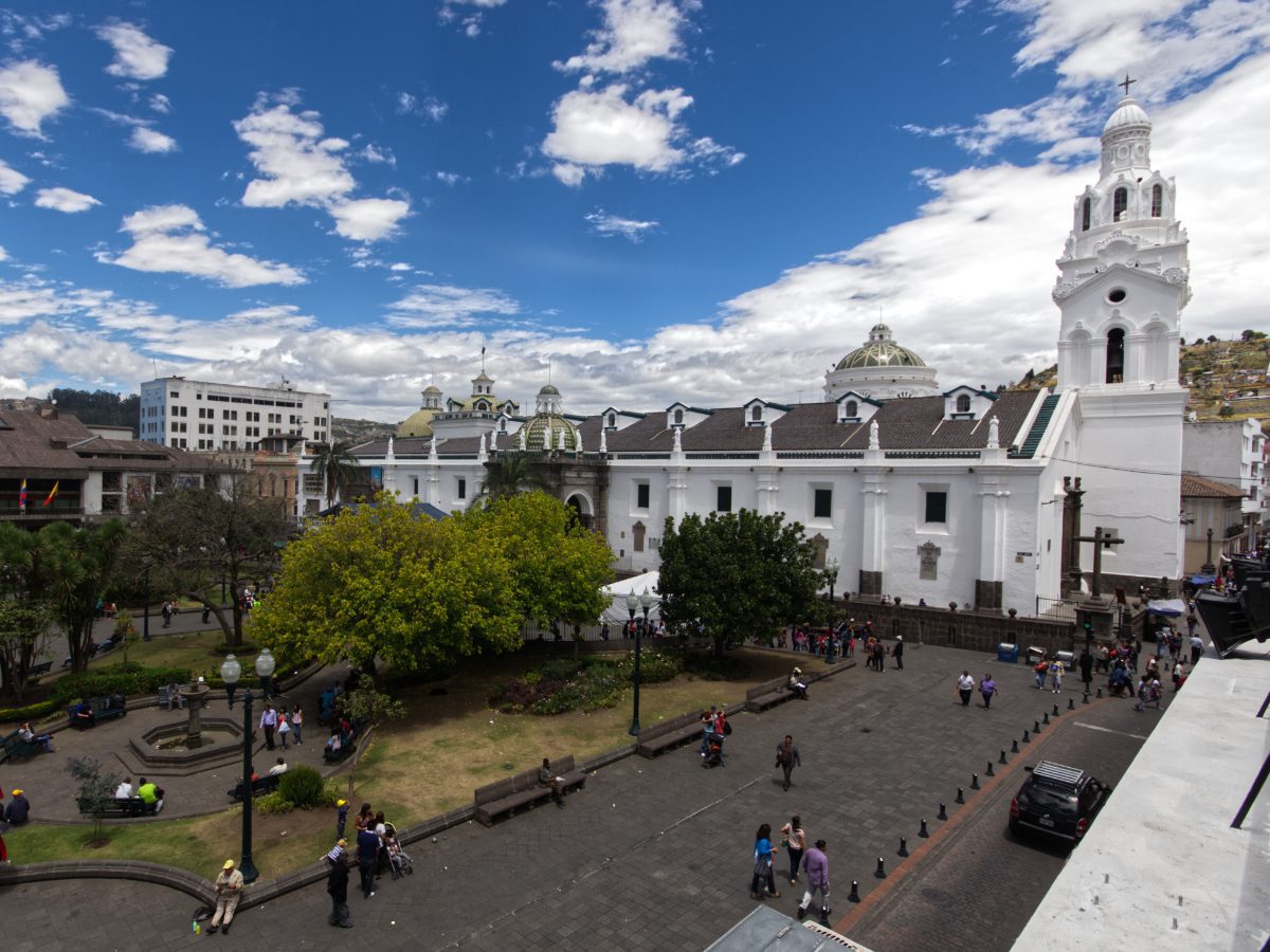 The Quito Metropolitan Cathedral as seen from the Presidential Palace on Plaza Grande