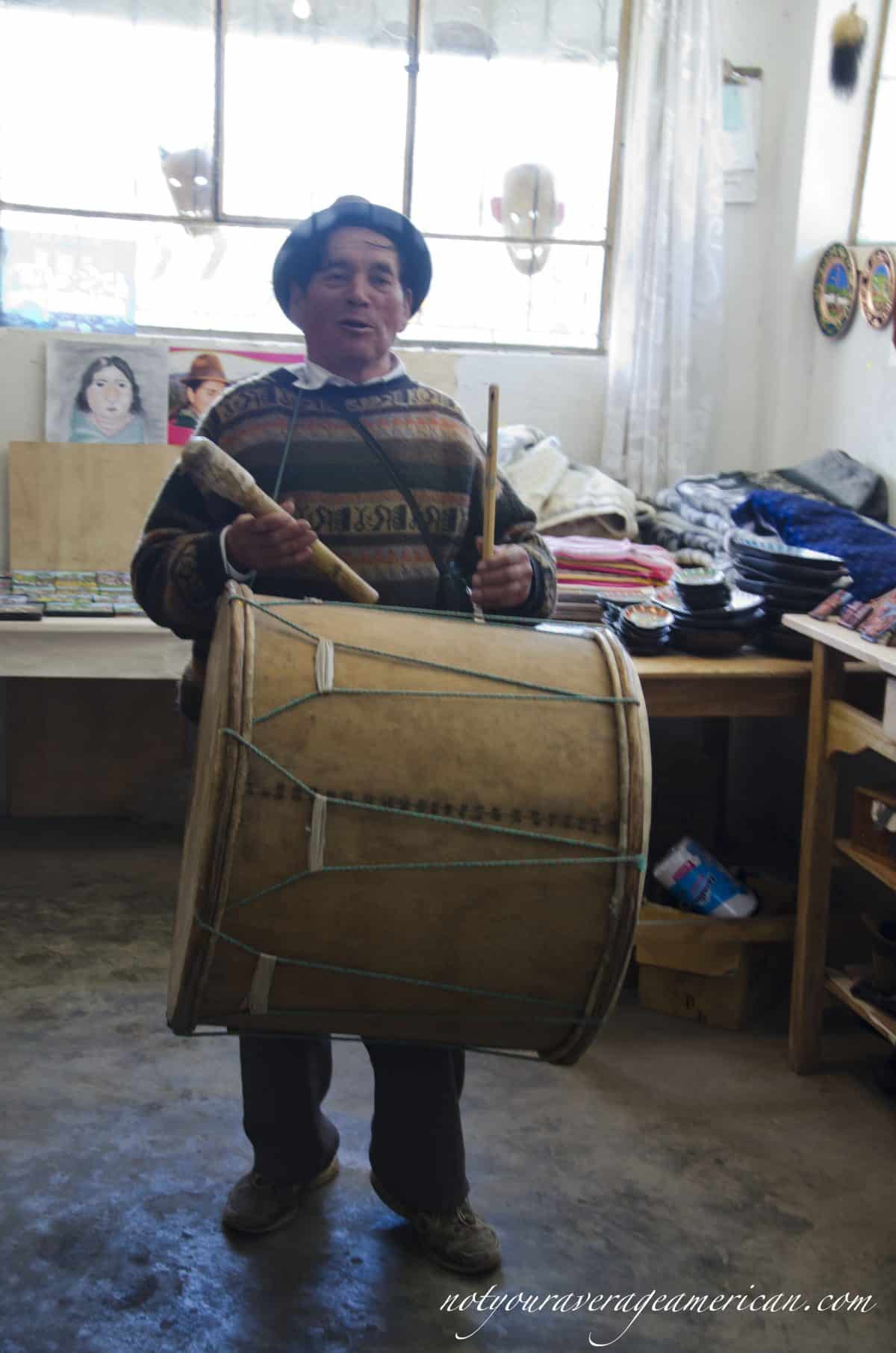 Julio Toaquiza with his drum and pipe. Julio Toaquiza with his drum and pipe.