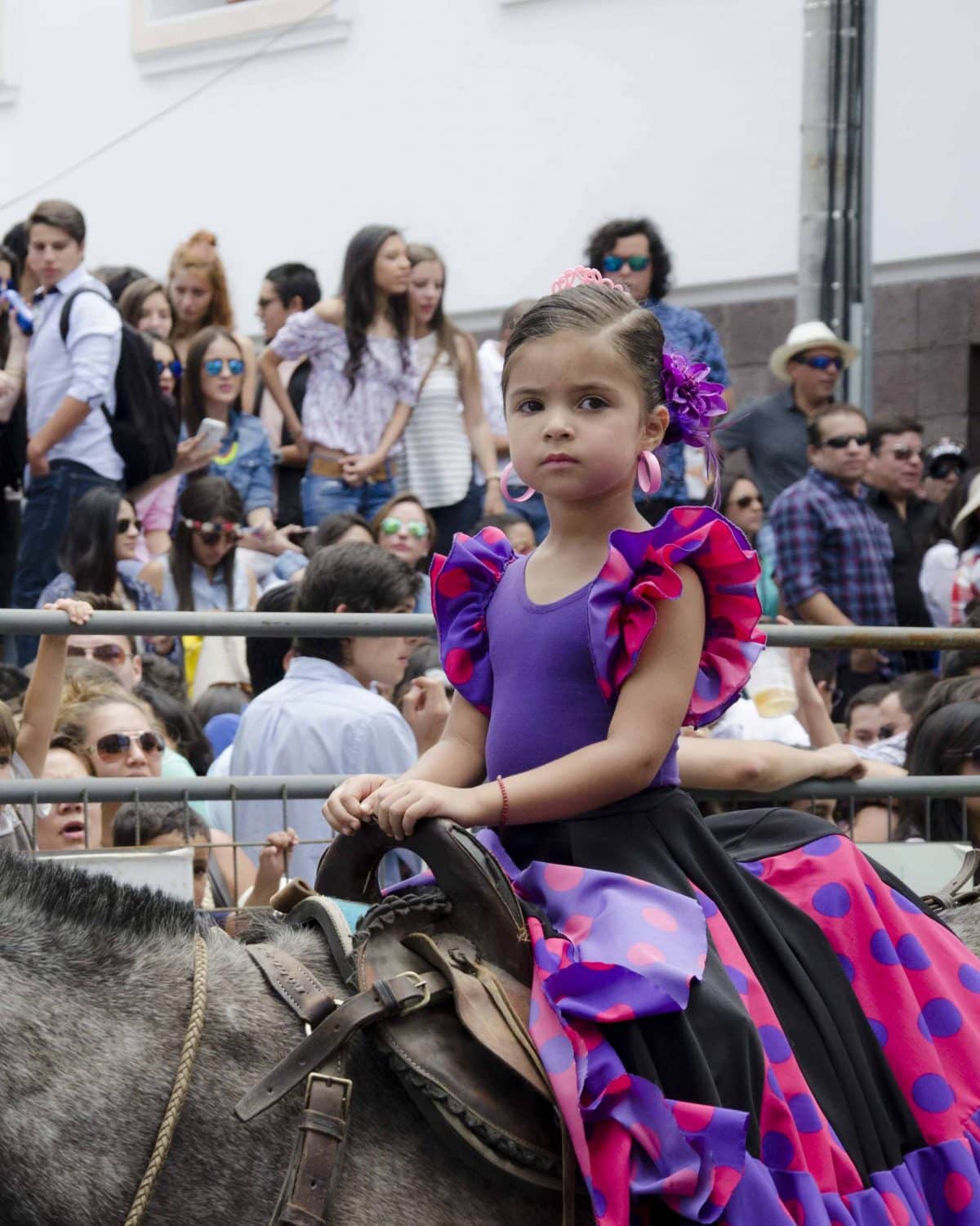A young princess in pink and purple gown rides her horse