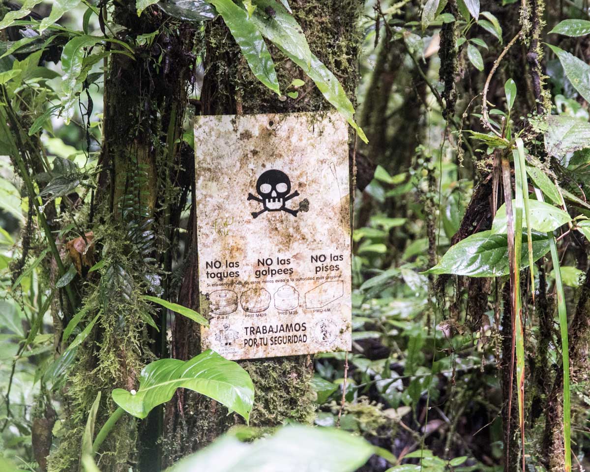 Sign warning of mines, Nangaritza, Ecuador