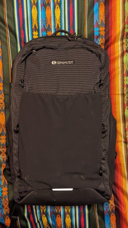 Front of the Gossamer Gear Aero Jet lightweight, carry-on backpack (mud from Gocta Falls trip)