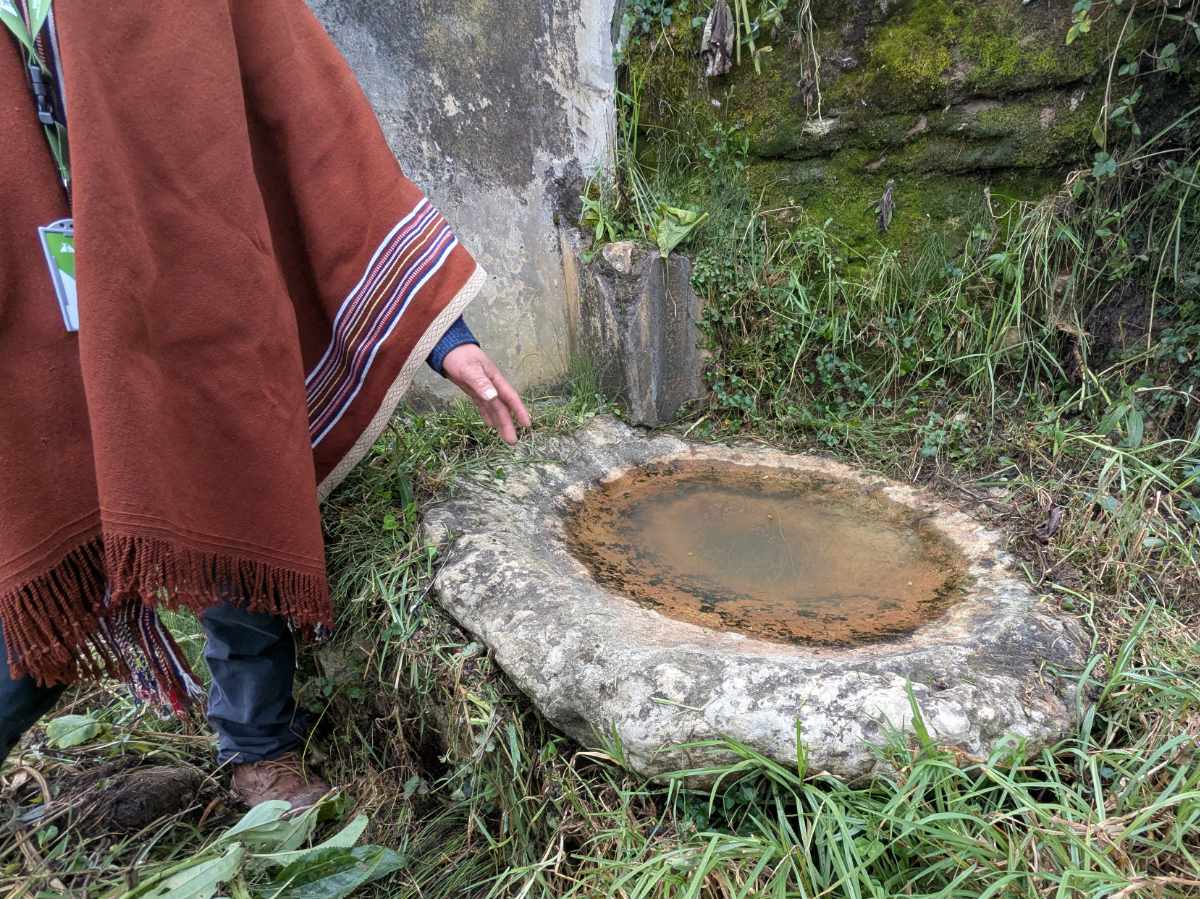 A large stone basin perhaps once used to grind grain catches water from a seeping spring.